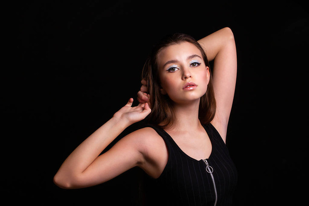 Close up Make up fashion model. Young beautiful brunette girl, on studio black wall background - Fotografie, Obrázek