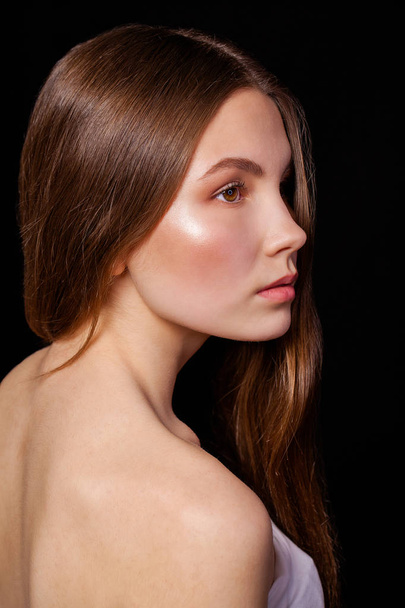 Close up Make up fashion model. Young beautiful brunette girl, on studio black wall background - Photo, image