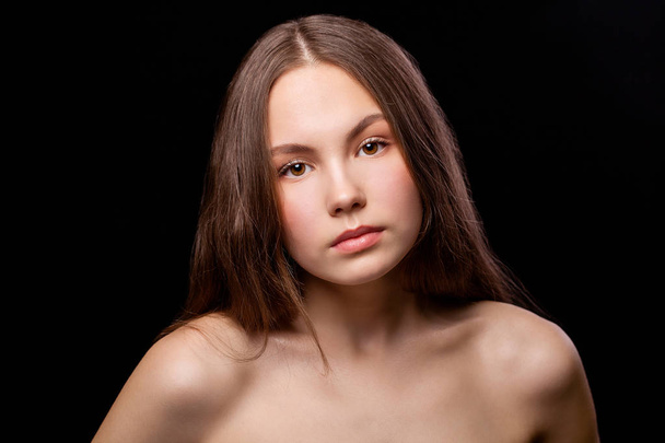 Close up Make up fashion model. Young beautiful brunette girl, on studio black wall background - Photo, image