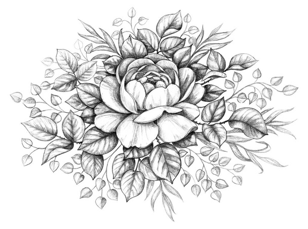 Hand drawn floral composition with Rose flower, leaves and curls isolated on white background. Monochrome illustration in vintage style. Pencil drawing romantic tattoo design, floral decoration.   - 写真・画像