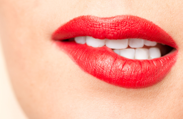 beautiful lips with red lipstick - Фото, изображение