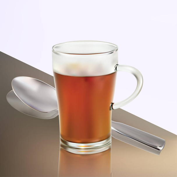 Realistic Hot Tea Drink and Spoon - Vector, Image