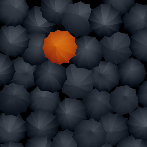 Вид зверху на багато чорних парасольок, один помаранчевий
. - Вектор, зображення