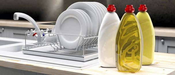 Lave-vaisselle. Plat savon liquide détergent récipients dans des bouteilles en plastique sur fond porte-plat kittchen, bannière. Illustration 3d
 - Photo, image