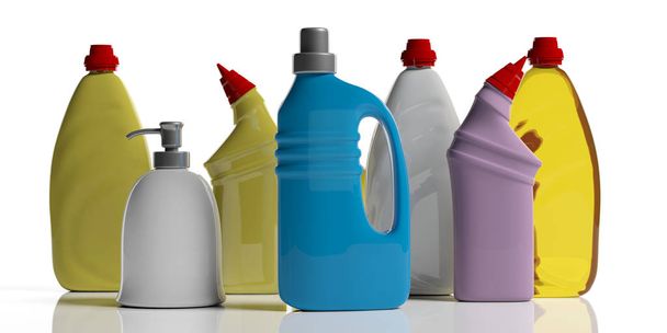 Úklidové prostředky. Škála prázdné žádný název plastových lahví s detergenty, izolovaných na bílém pozadí. 3D obrázek - Fotografie, Obrázek