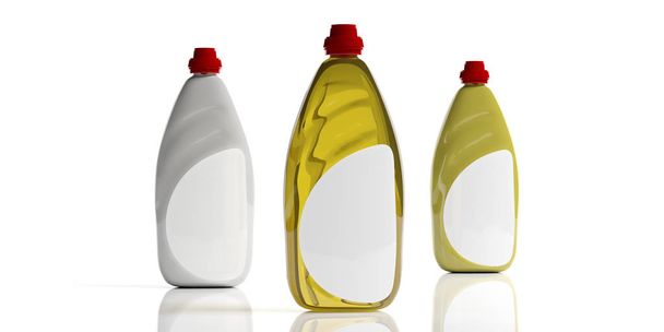 Πιάτο σαπούνι δοχεία. Υγρό απορρυπαντικό πιάτων σε πλαστικές φιάλες με κενή ετικέτα, απομονώνονται σε λευκό φόντο. 3D απεικόνιση - Φωτογραφία, εικόνα