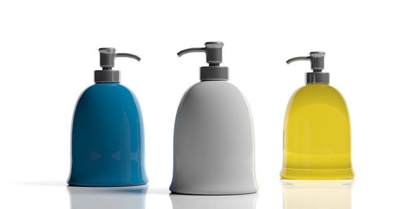 Hand soap liquid dispensers. Liquid dispensers, no name, isolated on white background. 3d illustration - Foto, immagini