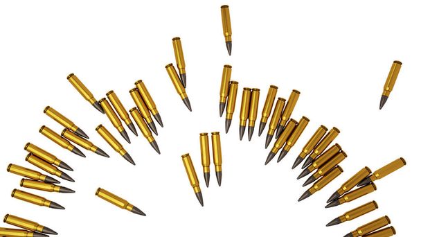 3d render illustration of shiny golden bullets cartridges laying on the white background in shape of circle. Danger hunt firearm concept isolate - Fotografie, Obrázek