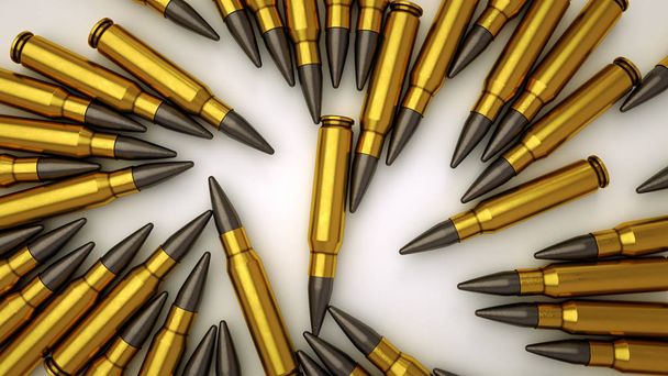 3D рендеринг иллюстрации блестящие золотые патроны патроны, лежащие на белом фоне. Опасная охота на огнестрельное оружие концепция изолировать, плотный крупный план
 - Фото, изображение