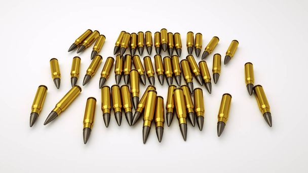 3d render illustration of shiny golden bullets cartridges laying on the white background. Danger hunt firearm concept isolate - Foto, Imagem