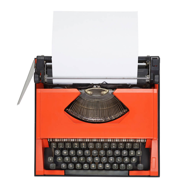 Red typewriter with Danish keyboard and empty paper sheet isolated on white background - Photo, Image