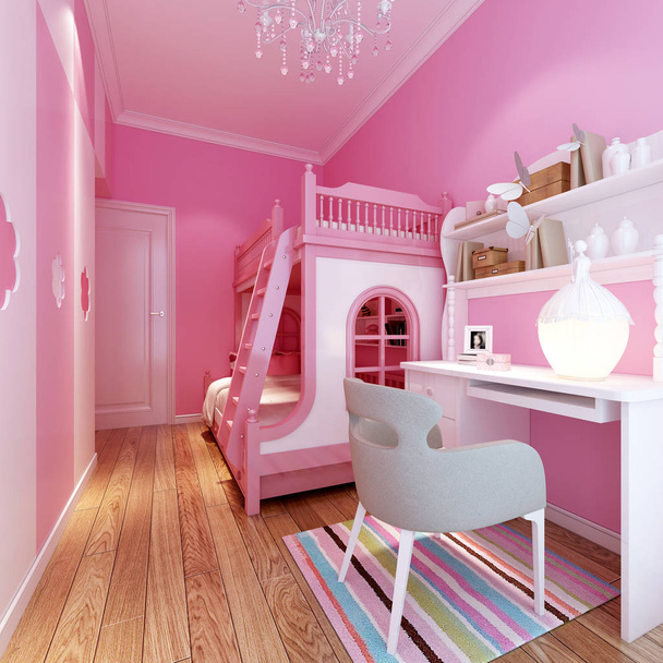 3d render pink color child bedroom - Photo, Image