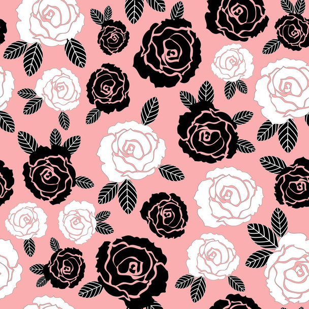 Vector zwart-wit roze bloemen naadloze patroon op roze achtergrond - Vector, afbeelding