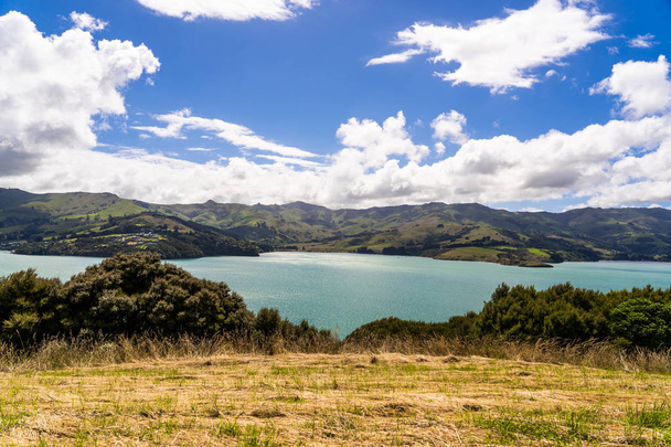 view from the onawe track in New Zealand, amazing ocean bay in akaroa New Zealand, onawe walkway with beautiful nature and blue water, great New Zealand nature photography, nature background - Fotó, kép