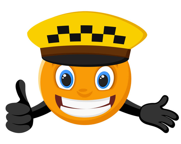 Smiley in the taxi drivers hat smiles and shows a like on a white. - Vector, Image