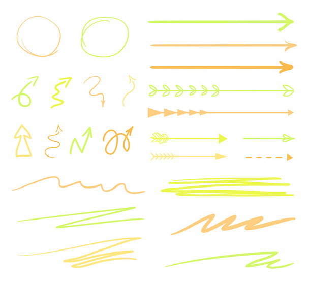 Frecce astratte. Elementi infografici colorati isolati su bianco. Serie di diversi segni indicatori. Puntatori semplici disegnati a mano intrecciati. Linea d'arte
 - Vettoriali, immagini