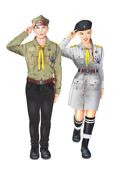Scouts Polacos Ilustración Aislado en Blanco Sólido. Caucásico chico y chica
.  - Foto, imagen