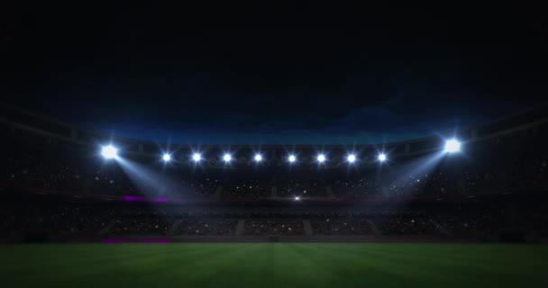 trawa nowoczesny plac zabaw Stadion wieczorem iluminacja oświetlenie pomniejszyć nagrania, tle ogłoszenie sport stadion piłkarski, 4 k animacji z czarnym końcem - Materiał filmowy, wideo