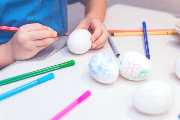 Easter eggs painted by child by hand. Easter ideas. Space for text. Happy easter.Toned image. - Foto, imagen