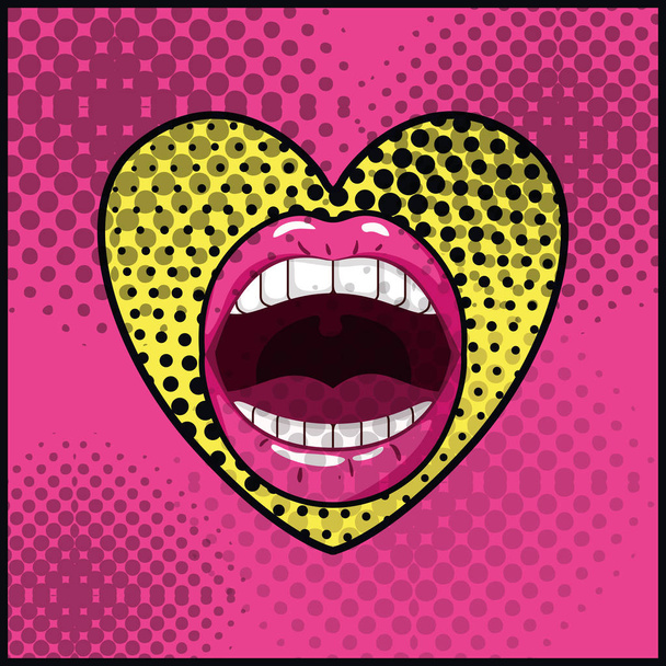 θηλυκό στόμα με στυλ pop art καρδιά - Διάνυσμα, εικόνα