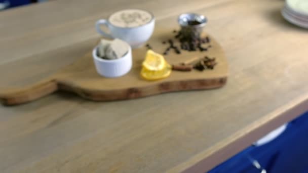 Cup of coffee with halva served on a tray with honey and coffee beans. Close-up view - Metraje, vídeo