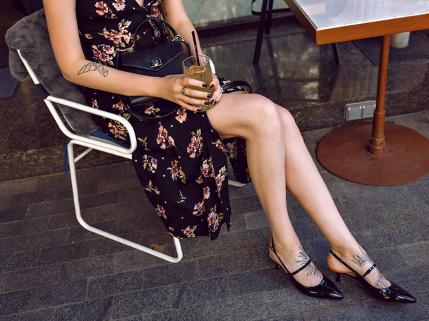  fashion lifestyle portrait of stunning pretty woman in cafe  - Zdjęcie, obraz