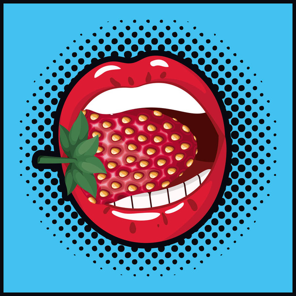 mouth eating strawberry sweet pop art style - Vector, Image