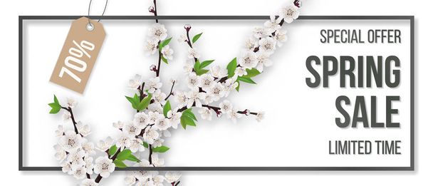 Spring sale frame blooming branches on white background. - Vector, imagen