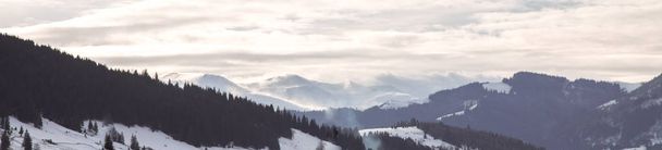 panoramisch uitzicht op bergen op winterseizoen in de buurt van Verhovyna dorp  - Foto, afbeelding