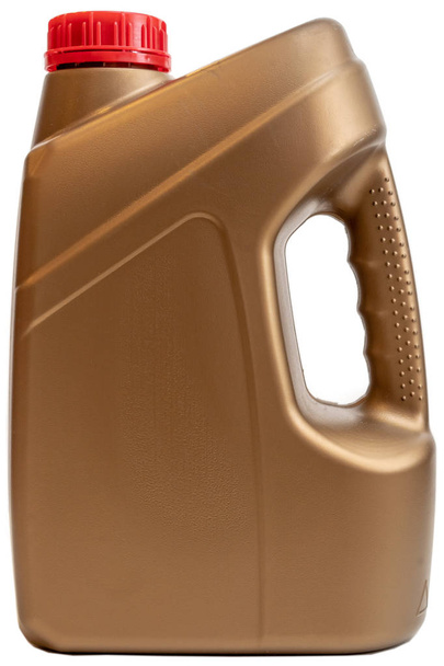 Пластиковий контейнер для моторної олії ізольований на білому тлі, Золота пляшка каністра
 - Фото, зображення