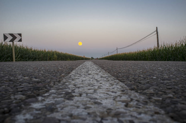 Voiture rouge descendant par les champs de maïs avec pleine lune au crépuscule. Vue à angle bas
 - Photo, image