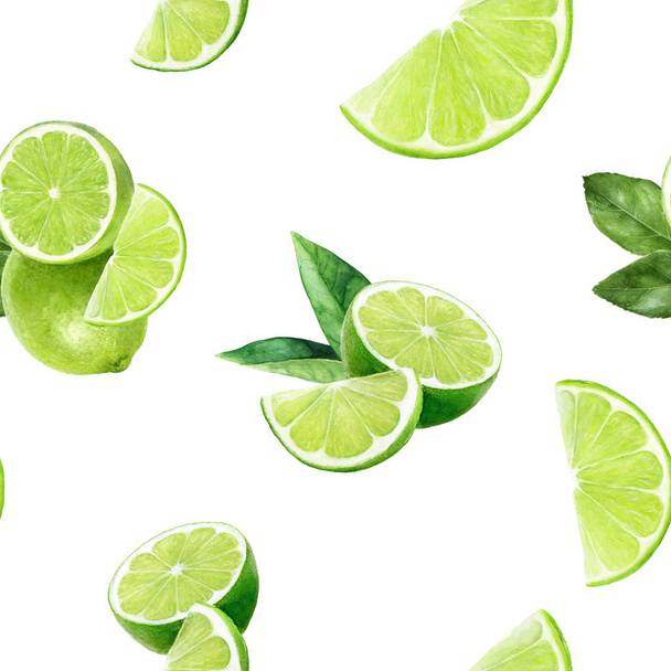 Watercolor hand drawn lime fruit seamless pattern. - Photo, Image