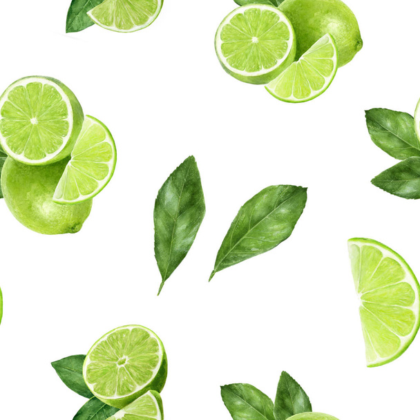 Watercolor hand drawn lime fruit seamless pattern. - Photo, Image