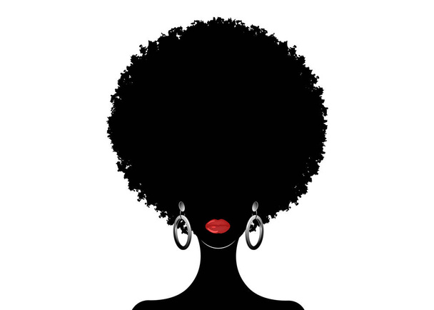 アフロの毛、アフリカの女性の肖像画、巻き毛を持つ褐色肌雌性顔アフロ、民族の伝統的なイヤリング、セクシーな赤い唇、髪スタイル概念ベクトル分離または白の背景  - ベクター画像