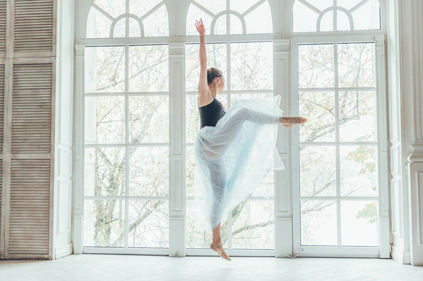 Young classical ballet dancer woman in dance class. Beautiful graceful ballerina practice ballet positions in blue tutu skirt near large window in white light hall - Фото, изображение