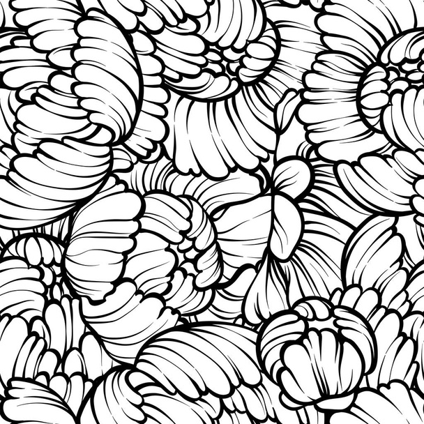 Peony flower seamless pattern line drawing. Vector hand drawn engraved floral background Black ink sketch. Great for invitation card, fabric, print and decorations. - Vector, Image