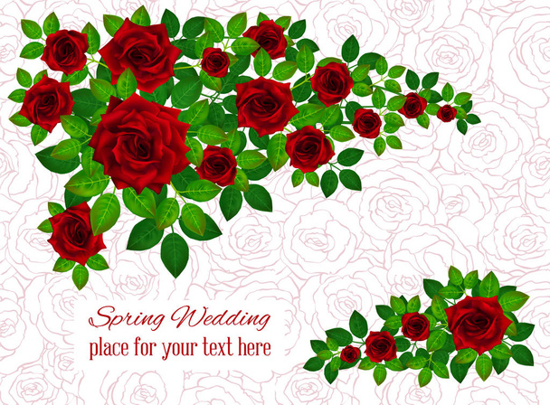 Zestaw piękne bukiety z czerwonych róż i liści. Kwiatów układ do dekoracji, idealny dla zaproszenie na ślub, urodziny, Walentynki, dzień matki s. - Wektor, obraz