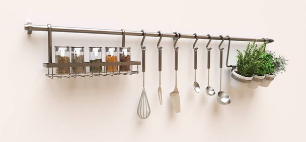 Utensilios de cocina, a granel seco y condimentos vivos en macetas cuelgan de la pared. renderizado 3d
 - Foto, imagen