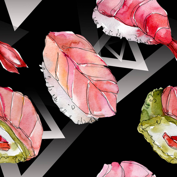 Ακουαρέλα σούσι σύνολο εικονογράφηση όμορφη νόστιμο ιαπωνικά τρόφιμα. Ακουαρέλα χέρι συρμένο αντικείμενα που απομονώνονται σε λευκό φόντο. Απρόσκοπτη υπόβαθρο μοτίβο. Ακουαρέλα ύφασμα ταπετσαρία υφή. - Φωτογραφία, εικόνα