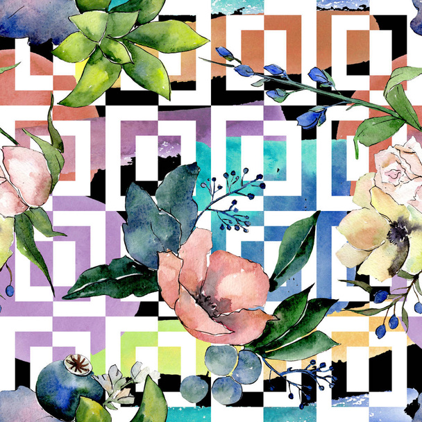 Bouquets with succulent floral botanical flowers. Watercolor background illustration set. Seamless background pattern. - Fotoğraf, Görsel