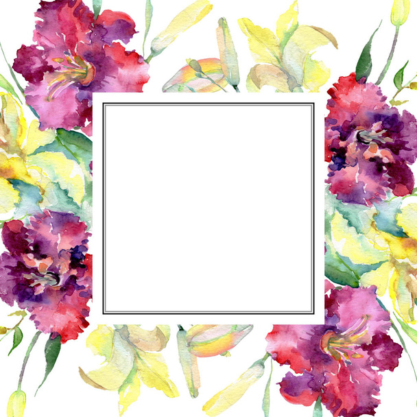 Bouquet von gelben und kastanienbraunen Lilien blühen. Aquarell Hintergrundillustration Set. Rahmen Rand Ornament Quadrat. - Foto, Bild