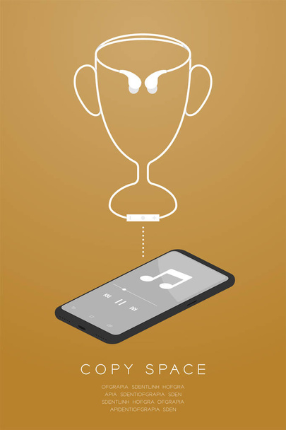 Trophy Cup Numéro un forme en câble Écouteurs sans fil à distance, Dans le type d'oreille avec Smartphone design isométrique plat, Vainqueur illustration de concept de musique isolé sur fond dégradé d'or, vecteur
 - Vecteur, image
