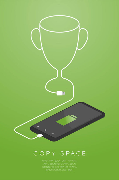 Trophy Cup number one shape made from usb charger cable with Smartphone isometric flat design, Winner battery concept illustration isolated on gold gradient background, with copy space vector eps 10 - Vector, Image