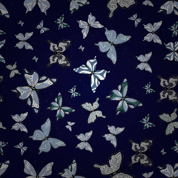 Seamless floral summer pattern background on black, blue and white colors. Perfect for sketchs, web page backgrounds, surface textures, textile. Vector. Pictures witg tropical butterflies. - Vector, Image