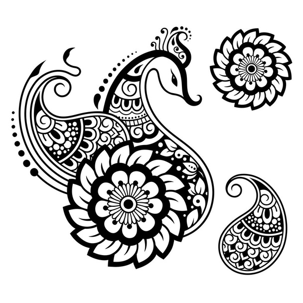 Set of Mehndi flower pattern and peacock for Henna drawing and tattoo. Decoration in ethnic oriental, Indian style. - Вектор, зображення