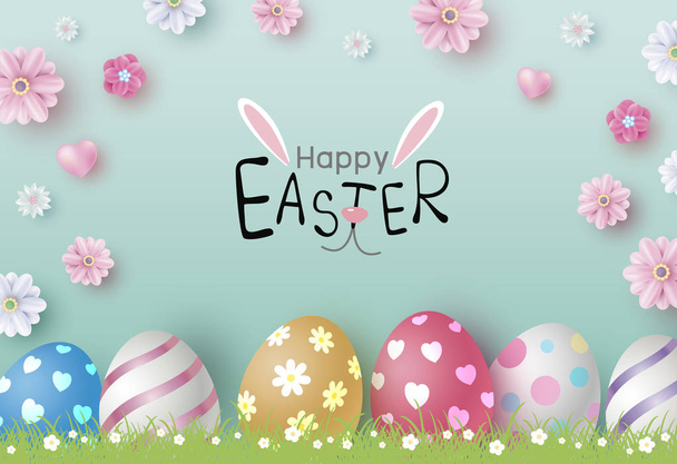 Easter day design of eggs and flowers on color paper background vector illustration - Vecteur, image