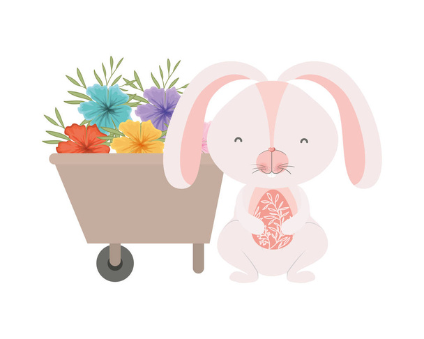 conejito con carretilla y flores icono aislado
 - Vector, imagen