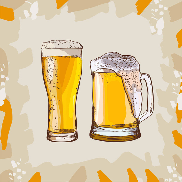 Two glasses of beer, hand-drawing oktoberfest beer, beer with foam. Vector drawing - Vector, Image