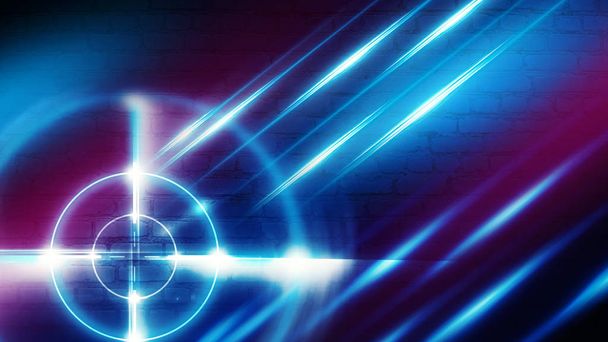 Neon target on a brick wall background with laser lights and rays of light, futuristic abstract background. - Photo, Image
