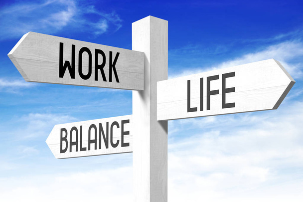 Praca, życie, równowagi - Drewniany drogowskaz - Zdjęcie, obraz